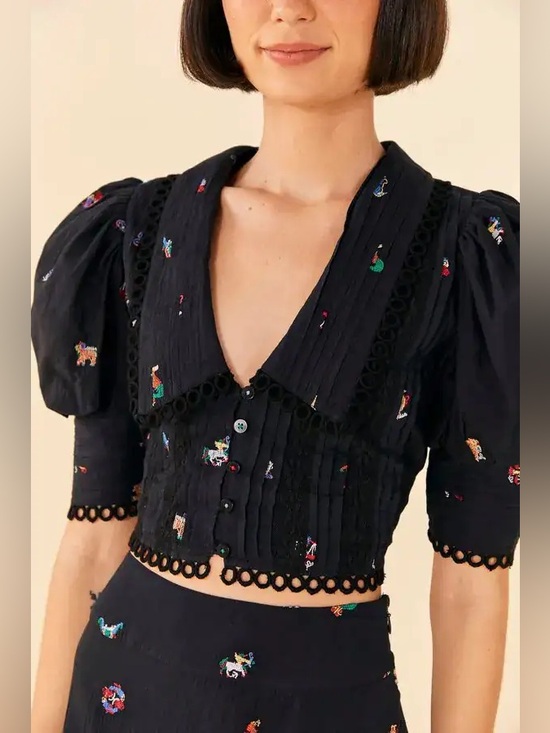 FARM Rio Tops - FARM RIO ZODIAC PUFF SLEEVE CROP BLOUSE